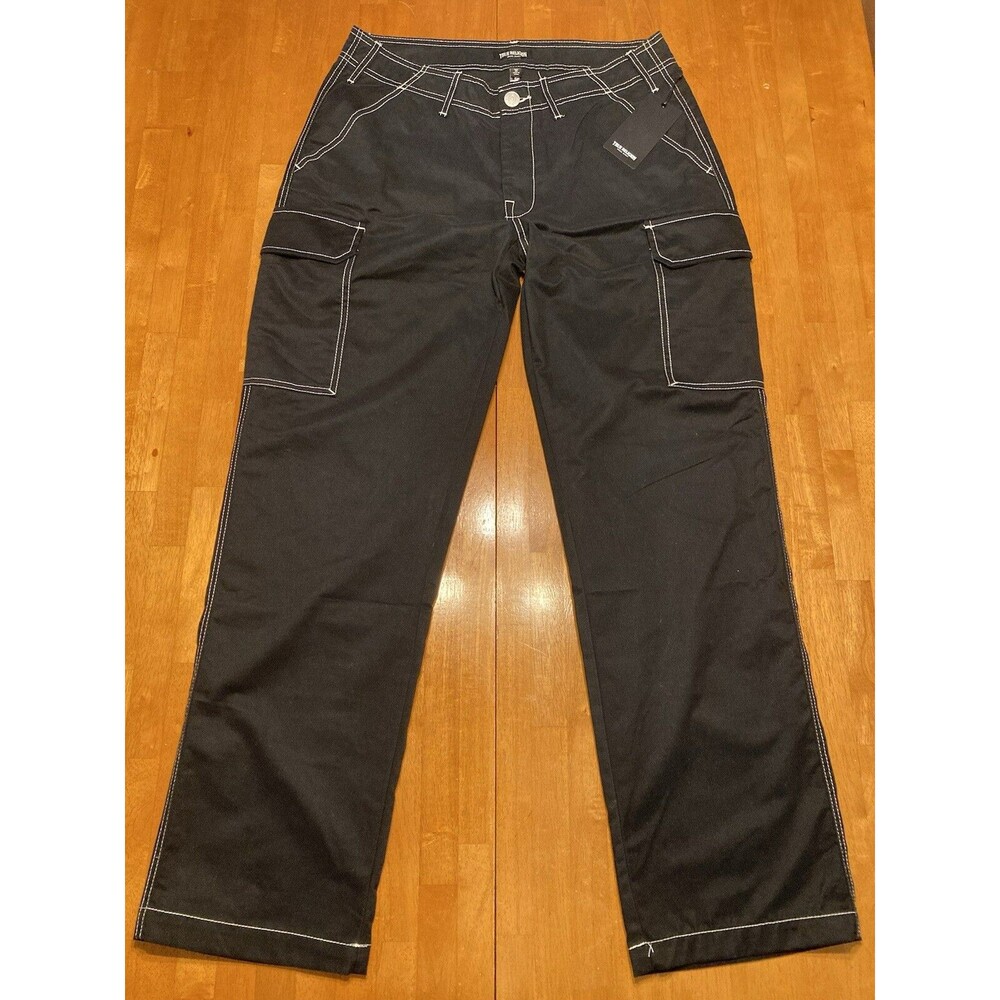 True Religion Men's Cargo Pants Size 32 Jet Black White Stitching Baggy New